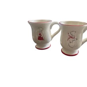 Snowman Chef Christmas Mugs Set of 2 Red White Ceramic Footed Coffee Cocoa Cups